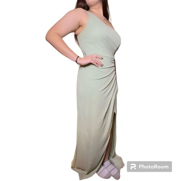 Azazie Dusty Sage One Shoulder Gown - Picture 3 of 12
